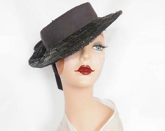 Vintage 1940s hat, navy straw tilt with upturned brim, WW2 era