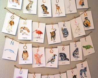 Animal Alphabet Flash Cards - 4 x 6 - Watercolor Animals - ABC - Watercolor Flash Cards - A-Z
