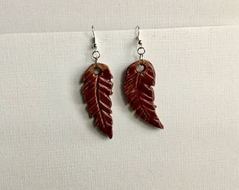Deep Red Clay Feathers Drop Earrings