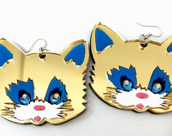 Big Gold Cat Earrings, Large Acrylic Earrings, Gold Kitty Earrings, Cat Face, Cat Dangle Earrings, Oversize Earrings, Kawaii Cat Harajuku
