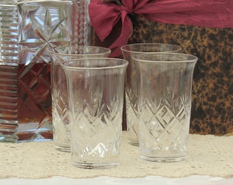 Cut Glass Whiskey Glasses, Set of Four Crystal Tumblers, Tall Whiskey Glasses, Vintage Barware