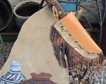 Hand made NATIVE AMERICAN knife sheath /leather /fringe / snake skin / old knife
