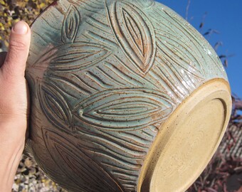 Hand Carved Planter with Leaves - Large - Visit shop for more handmade pottery