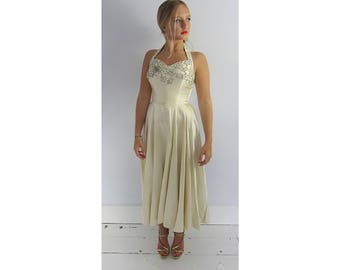 Vintage 40's cream satin beaded evening or wedding dress boned corset XS halter neck Hollywood old glamour