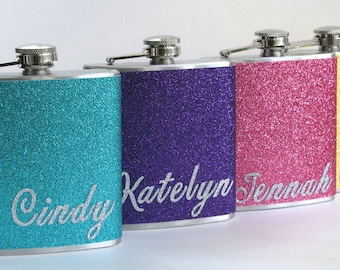 3 Flasks You Pick The Colors Personalized Glitter Stainless Steel 6 oz Liquor Hip Flask Flasks Wedding Bride Bridesmaid Gift