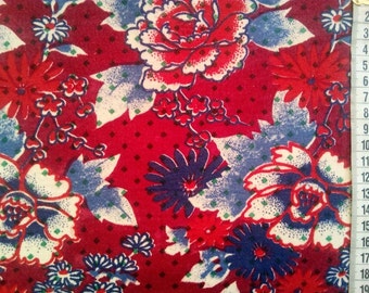 Red Floral Vintage Fabric, Flanel Organic Material, Natural fabric, Eco,Sewing, Cotton Floral Fabric, Retro Fabric, By The Yard, Blue Leaves