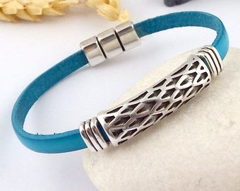 turquoise leather bracelet chic ethnic style silver