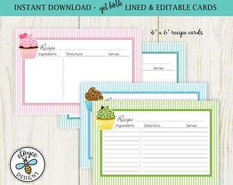 Cupcake Recipe Cards 4x6 both editable and lined cupcake cards printable No 823 instant download