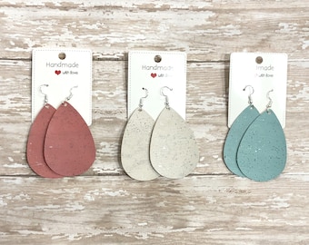 Spring Cork Leather Trio Set Coral Cream Turquoise Blue Leather Teardrop Drop Earrings