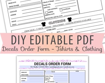 Vinyl Decals Order Form Sheet Letter Size Forms Sales Sheet Orders Blank Custom Clothing, TSHIRTS ONESIES Instant Download Template