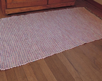 Hand Woven Rag Rug Pink White Cotton Denim 27" x 50"