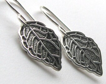 Silver leaf earrings simple nature texture woodland every day wear