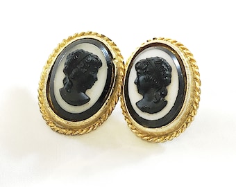 Vintage Cameo Earrings, Black and White on Goldtone Midcentury Earrings, Pierced Cameo Profile Jewelry FREE SHIPPING