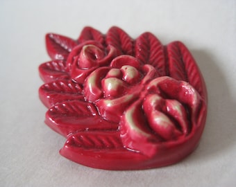 Red Rose Flower Brooch Plastic Vintage Pin