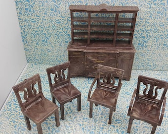 Plasco Dining room Lyre chairs and China hutch Furniture Dollhouse Traditional Style 1944