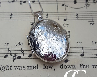 Vintage Inspired Large Sterling Silver Engraved Oval Locket Necklace 18" 20"