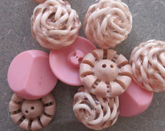 Vintage Buttons, Plastic Buttons, Pink Plastic, Large Clear Coat Button, Basket Weave Buttons, Vintage Sewing Supply, Vintage Shank Buttons