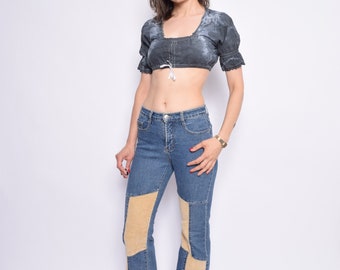 Vintage 90's Patchwork Corduroy And Denim Jeans / High Waist Blue Jeans / Patched Denim Jeans - Size Small