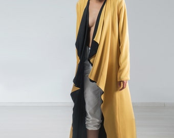 Reversible long waterfall coat with belt