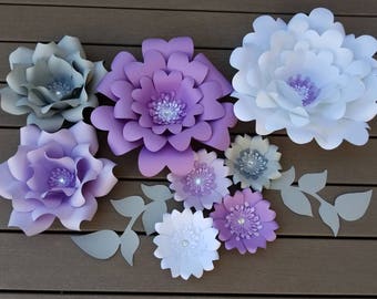 Purple, white and grey paper flower set
