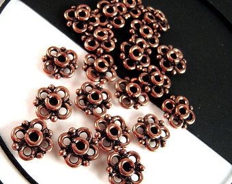 Bali Style Copper Spacer Beads - Lot of 20 - 10mm Antiqued Solid Copper Spacers Made in India - Floral Style Tribal Jewelry Findings - F072