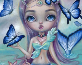 Forget Me Not, SIGNED print Simona Candini pop surrealism big eyes art mermaid fantasy narwhal kawaii