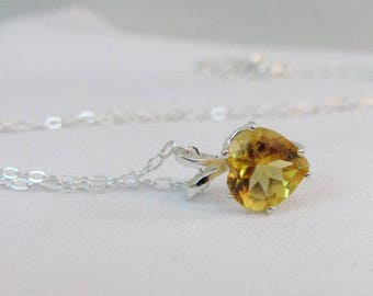 Citrine Heart Pendant in Sterling Silver, Golden Yellow Citrine Necklace, November Birthstone Gift, Citrine Jewelry, 8mm Gemstone Necklace