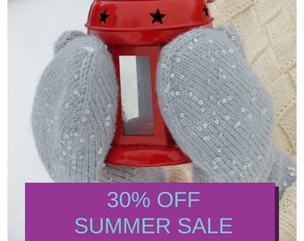 Knit mittens with sequins Summer sale 30 off sale Gloves Gray mittens Women mittens Double mittens Knit mittens Gray mittens Sequin mittens