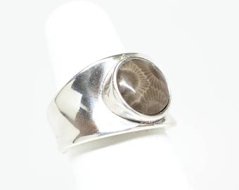 12mm Petoskey Stone Round Sterling Silver Ring - Size 6