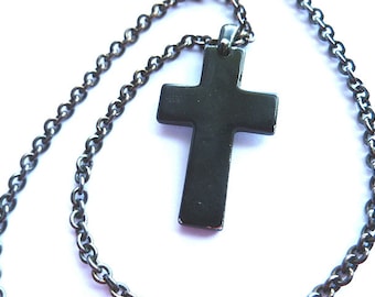 Signed BLACK METAL Vintage Cross Pendant, Black Cross with Neck Chain, Mens Cross, Designer Black Cross, Black Cross Necklace, Black Metal