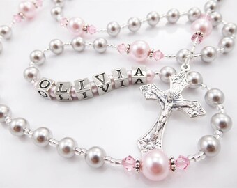 Gray and Pink Personalized Rosary - Baptism, First Communion, Confirmation Swarovski Crystals