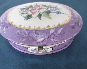 Vintage Purple Oval Limoges Victorian Rose Hinged Dresser Box 1980 Reproduction Vintage Vanity Storage Home Decor Gift For Her