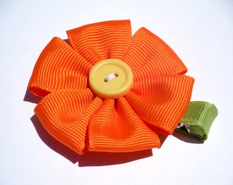 Flower Hair Bow - No Slip Clip - Orange and Yellow