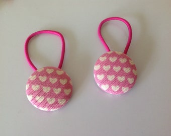 heart hair ties, heart fabric covered button hair tie pair