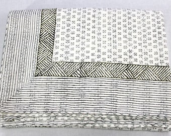 Vintage Kantha Hand Stitched Quilt, 100% Indian Cotton, Bohemian Boho Block Printed Black White Coverlet TWIN Size, Bed Spared IKQ#502