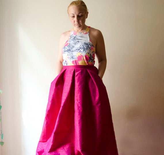 Ruby Pink Maxi Skirt Silk Shantung Long Evening Skirt Pleats