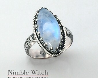 Blue moonstone ring, sterling silver ring, vintage style, boho look, marquise cut rainbow moonstone, handmade artisan ring, free shipping.