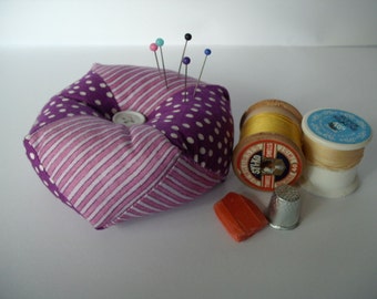 Purple biscornu patchwork pin cushion