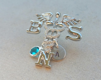 BSN Bachelors of Science in Nursing Nurse Medical Caduceus Handstamped Personalized Initial Letter Birthstone Graduation Gift Brooch Pin