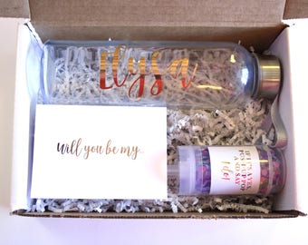 Glass Water Bottle Bridesmaid Gift Box Sets - Will You Be My Maid of Honor, Bridesmaid, Flower Girl
