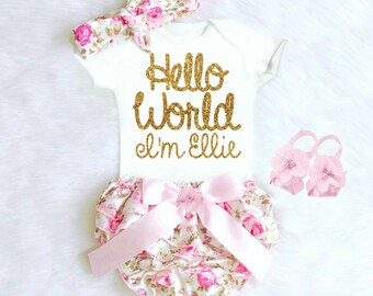 Baby Girl Coming Home Outfit Newborn Girl Coming Home Outfit Baby Girl Clothes HELLO WORLD Personalized Newborn Outfit Baby Girl Outfits