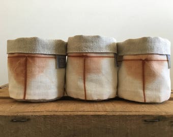 Storage pot fabric chocolate brown square 8 x 8 cm frieze pattern