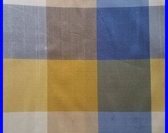 Large Plaid SILK Fabric Remnant 100% Silk Gold Blue Shades