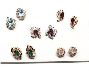 Five Pairs of Pierced Rhinestone Earrings, Women's Costume Jewelry, Holiday Jewelry