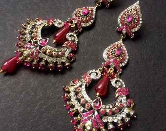 Hot Pink Chandelier Earrings,Pink and Gold Bridal Earrings,Wedding Jewellery,Jhumkas,Long Earrings by Taneesi