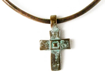 Patina Cross Necklace, Antiqued Copper Tone Cross Pendant Necklace, Brown Leather Necklace, Patina Jewelry