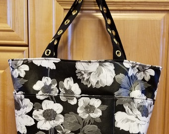 Faux leather bag, beach bag, small tote, black and white floral, small purse, fake leather tote, purse, tote, black and white tote, book bag