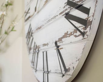 30" White Distressed Wall Clock, Large Wall Clock, Farmhouse Style