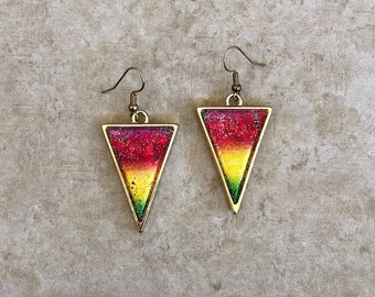 Red, yellow, and green triangle dangle earrings / rasta jewelry / pan African