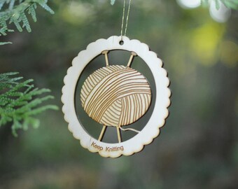 Keep Knitting Natural Wood Ornament